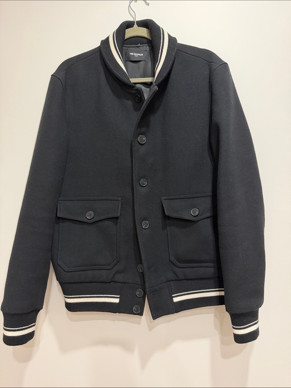 The Kooples Black Bomber Jacket with Contrast Stripe Trim